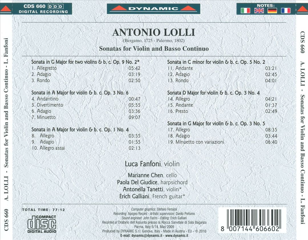 Antonio Lolli: Sonatas for Violin and Basso Continuo cover art