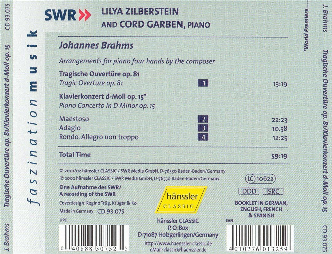 Johannes Brahms: Tragic Overture, Op. 81; Piano Concerto in D minor, Op. 15 cover art